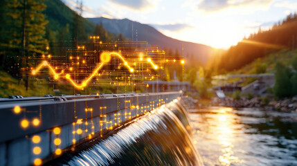 Hydroelectric dam with digital overlay, showcasing energy flow and nature beauty. sunset reflects on water, creating serene and futuristic atmosphere