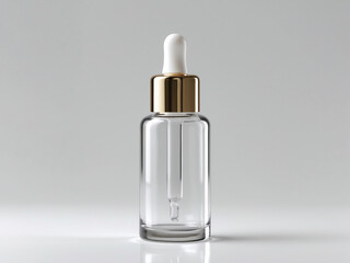 High-resolution studio photograph of a clear glass dropper bottle with a gold and white cap. The minimalist design is set against a neutral gray background, ideal for showcasing skincare or cosmetic p