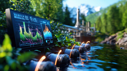 hydroelectric plant with digital interface displaying energy data, surrounded by lush greenery and water. scene captures harmony between technology and nature