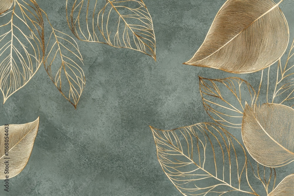Poster ornamental wallpaper design with intricate gold leaf elements and minimalistic leaf line art on a mu