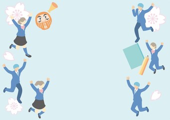 アイソメトリック　フレーム　学生　受験　人物　男性　女性　コピースペース　背景　イラスト素材