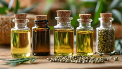 Natural oils in glass bottles with cork stoppers, displayed on wooden surface, surrounded by green plants and seeds, showcasing their vibrant colors and textures
