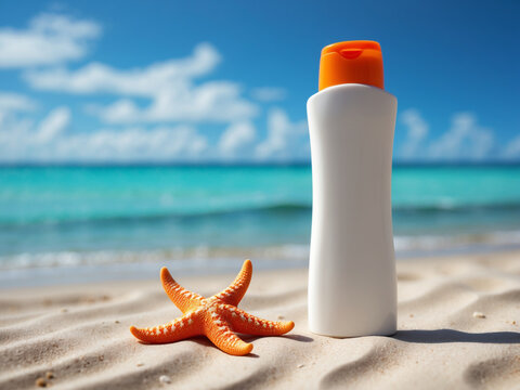 a sunscreen bottle with an orange cap placed on sandy beach dunes, accompanied by a vibrant orange starfish. - Powered by Adobe