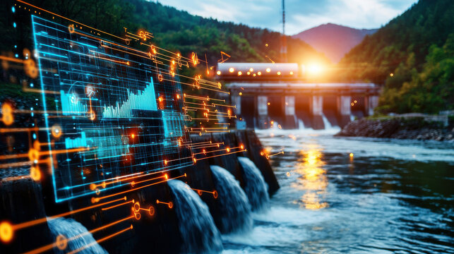 Hydroelectric station with digital sensors overlaying water flow data, showcasing energy generation and environmental monitoring in serene landscape - Powered by Adobe