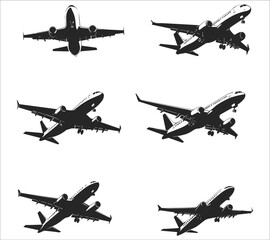 Airplanes silhouettes set. Black aircraft silhouette icons vector. Set of flying airplanes silhouettes vector illustration. Set of airplane silhouettes in vector