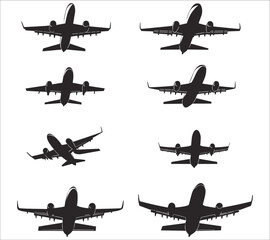 Airplanes silhouettes set. Black aircraft silhouette icons vector. Set of flying airplanes silhouettes vector illustration. Set of airplane silhouettes in vector