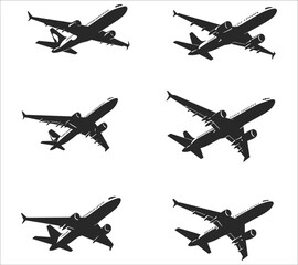 Airplanes silhouettes set. Black aircraft silhouette icons vector. Set of flying airplanes silhouettes vector illustration. Set of airplane silhouettes in vector