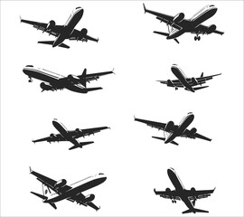 Airplanes silhouettes set. Black aircraft silhouette icons vector. Set of flying airplanes silhouettes vector illustration. Set of airplane silhouettes in vector