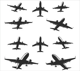 Airplanes silhouettes set. Black aircraft silhouette icons vector. Set of flying airplanes silhouettes vector illustration. Set of airplane silhouettes in vector