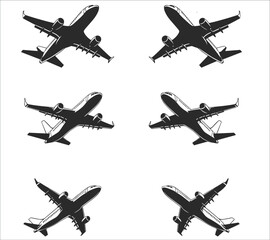 Airplane silhouette vector. Flying aircraft silhouette vector design. Jet airplane silhouette vector art. Flying airplane silhouette vector illustration