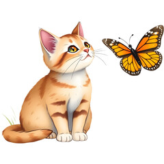 Fototapeta premium Illustration of A cat sitting staring at a butterfly. png isolated background. transparent background.