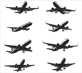 Airplane silhouette vector. Flying aircraft silhouette vector design. Jet airplane silhouette vector art. Flying airplane silhouette vector illustration