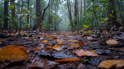 fallen leaves carpeting the forest floor