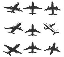 Airplane silhouette vector. Flying aircraft silhouette vector design. Jet airplane silhouette vector art. Flying airplane silhouette vector illustration