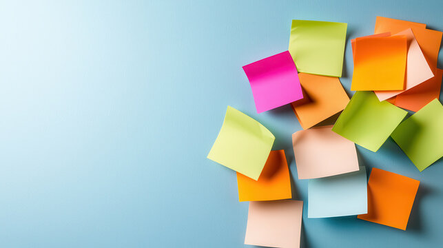 Colorful sticky notes scattered on blue background, creating vibrant and organized workspace. Perfect for reminders and creative ideas