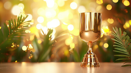 solid gold trophy on polished surface, surrounded by greenery and soft bokeh lights, symbolizes achievement and celebration. Its reflective surface captures warm glow of background