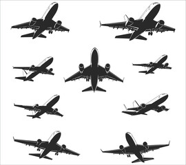 Airplane silhouette vector. Flying aircraft silhouette vector design. Jet airplane silhouette vector art. Flying airplane silhouette vector illustration