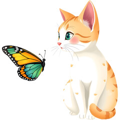 Obraz premium Illustration of A cat sitting staring at a butterfly. png isolated background. transparent background.