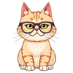Illustration of A cat sitting upright with a funny expression, wearing glasses. png isolated background. transparent background.