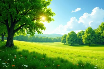 Obraz premium Sun-drenched meadow, lush green trees, vibrant summer landscape, grassland, wildflowers