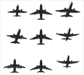Airplane silhouette vector. Flying aircraft silhouette vector design. Jet airplane silhouette vector art. Flying airplane silhouette vector illustration