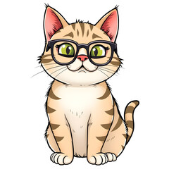 Illustration of A cat sitting upright with a funny expression, wearing glasses. png isolated background. transparent background.