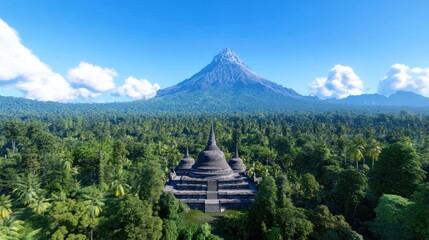 A serene landscape featuring a temple and a volcanic mountain.