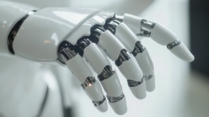 White robotic hand, intricate design, metallic joints.
