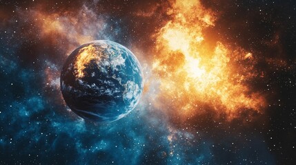 Fototapeta premium Planet, fiery nebula, cosmic dust, stars.
