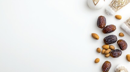 Obraz premium A serene arrangement of dates, almonds, and decorative items.