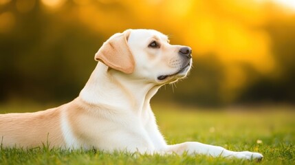 A serene Labrador retriever resting in a sunlit grassy field.