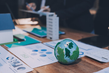 Carbon offset price report CO2 emission. Future growth Net zero waste in ESG ethical SME office protect climate change global warming social issues project. Group of asia people Eco friendly SDGs plan