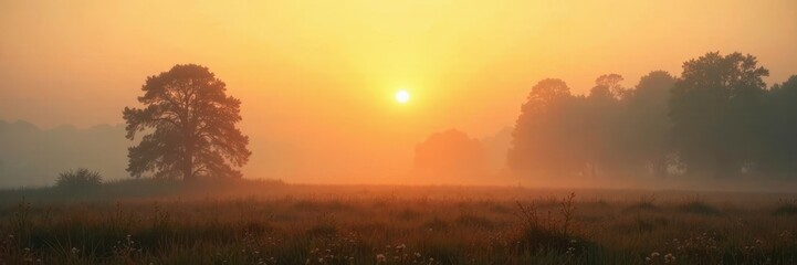 Fototapeta premium warm glow on a misty morning landscape with blurred sky and trees, soft colors blending into warm golden hue, muted colors, nature backdrop, soft pastel hues