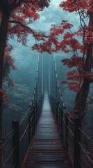 Fototapeta premium Suspension bridge through a foggy forest with red foliage.