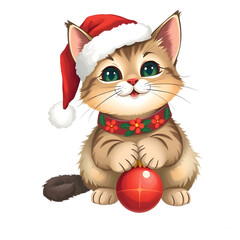 Illustration of A Christmas cat wearing a Santa hat and playing with ornaments. png isolated background. transparent background.