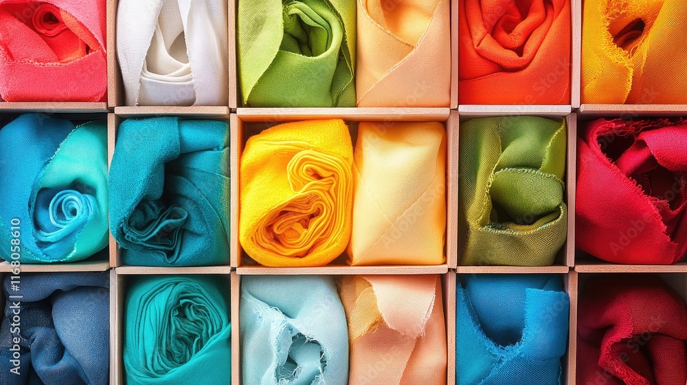 Poster vibrant display of wrapping fabrics in various colors organized in square boxes for crafting and sew