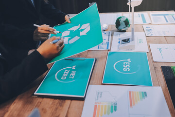 Carbon offset price report CO2 emission. Future growth Net zero waste in ESG ethical SME office protect climate change global warming social issues project. Group of asia people Eco friendly SDGs plan