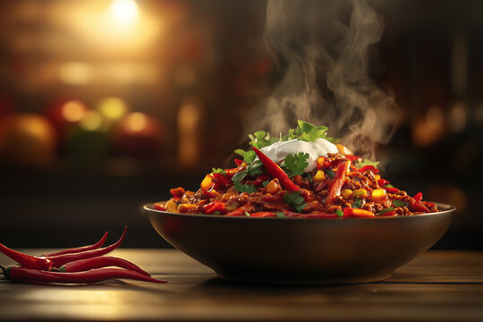 International Hot and Spicy Food Day. A steaming bowl of fiery red chili loaded with spicy peppers, garnished with fresh cilantro and a drizzle of sour cream, with copy space.