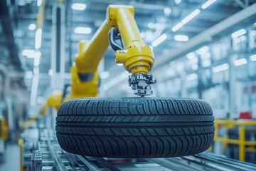 A robotic arm assembling tires on a production line in a high-tech factory, showcasing advanced manufacturing, with copy space.