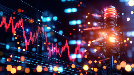 Transmission tower glowing with energy currents, surrounded by vibrant data visualizations and colorful lights, representing modern technology and energy flow