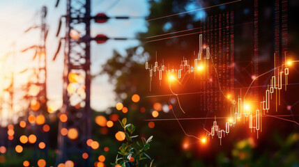 image showcases transmission towers glowing with energy currents, accompanied by digital graph overlay, symbolizing intersection of energy and technology