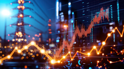 Transmission towers glowing with energy currents and financial graphs, showcasing intersection of technology and energy. vibrant cityscape at night enhances dynamic atmosphere