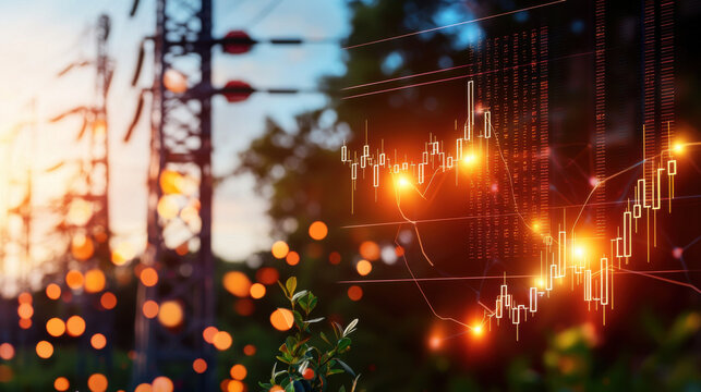 image showcases transmission towers glowing with energy currents, accompanied by digital graph overlay, symbolizing intersection of energy and technology