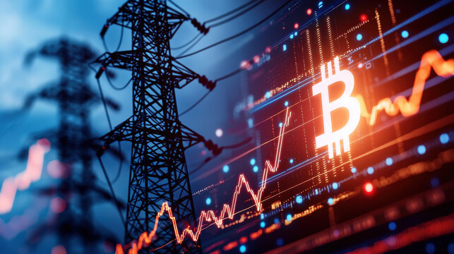 Power lines and cryptocurrency graphics symbolize energy and finance. image captures intersection of electricity and digital currency trends, showcasing modern economic landscape - Powered by Adobe