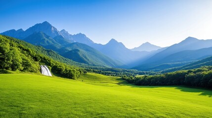 Serene landscape with mountains, a waterfall, and lush greenery.