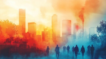Silhouetted figures walk through smog-filled city.