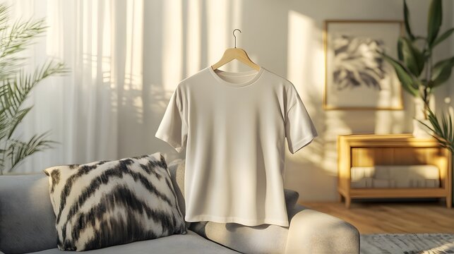 Realistic apparel mockup template featuring a casual t-shirt in a cozy living room