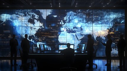 2025 strategy and data analysis, market opportunities, business team reviewing projections on interactive displays