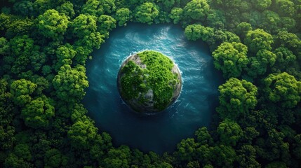 An image of the Earth with green trees and blue oceans