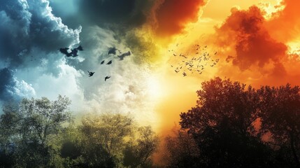 Fototapeta premium Birds fly between contrasting skies, trees.